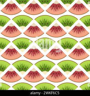 Seamless pattern with cut green and red kiwi fruit. Vector colorful background. Stock Vector