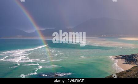 Rainbow on Seilebost Beach, Isle of Harris, Scotland Stock Photo