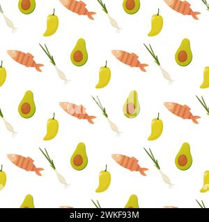 Seamless pattern, different products, food. fish, pepper, tomato, watermelon, croissant, vector. For wrapping paper, fabric, Stock Vector