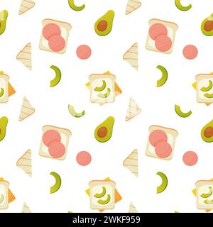 Seamless pattern, breakfast sandwiches, toast with avacado and sausage, vector. For wrapping paper, fabric Stock Vector