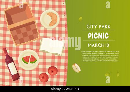 poster invitation to a city picnic, green grass, picnic basket, food in nature. vector Stock Vector