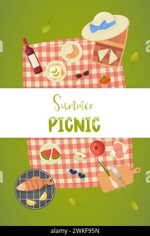 poster summer picnic, green grass, picnic basket, food in nature. vector illustration Stock Vector