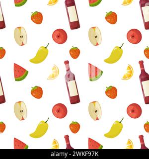 Seamless pattern, different products, food. fish, pepper, tomato, watermelon, croissant, vector. For wrapping paper, fabric, Stock Vector