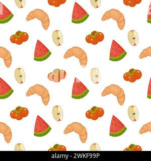 Seamless pattern, different products, food. fish, pepper, tomato, watermelon, croissant, vector. For wrapping paper, fabric, Stock Vector