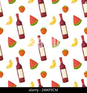 Seamless pattern, different products, food. fish, pepper, tomato, watermelon, croissant, vector. For wrapping paper, fabric, Stock Vector