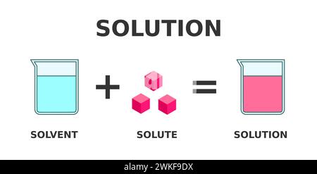 Solution formation. A solution is a homogeneous mixture of solute dissolved in a solvent. Solubility example. Lab beakers explain creation of solution Stock Vector