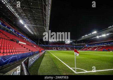 EINDHOVEN - Overview of the Phillips stadium prior to the UEFA Champions League eighth final match between PSV Eindhoven and Borussia Dortmund at the Phillips stadium on February 20, 2024 in Eindhoven, Netherlands. ANP | Hollandse Hoogte | Bart Stoutjesdijk Stock Photo