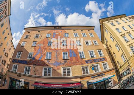 SALZBURG, AUSTRIA - APRIL 27, 2023: Facade of a historic building located in the old historic center, on Waagplatz 1. Stock Photo