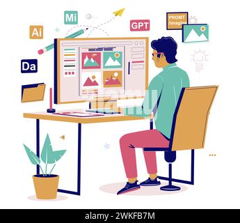 Graphic designer using AI technology for work vector illustration Stock Vector