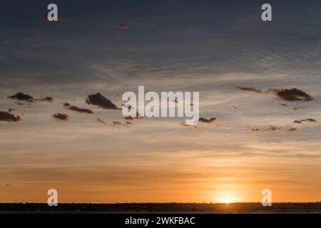 landscape with sparse clouds at scenic red sunset on Kalahari desert,  shot in bright late spring light at Bitterwasser, Kalahari, Namibia, Africa Stock Photo