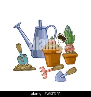Composition of plants in pots, watering cans and garden tools isolated on a white background. Stock Vector