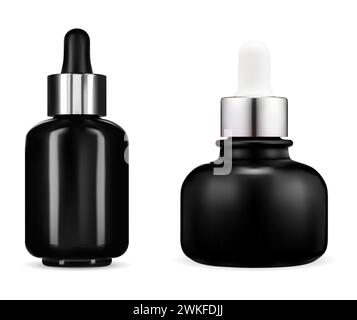 Black glass cosmetic oil dropper bottle. Serum bottle mockup. Realistic medical packaging with pipette for label. Premium realistic essential oil flas Stock Vector