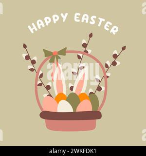 Easter egg Basket with Willow Branches, Bunny Ear and Text Happy Easter. Flat Cartoon Isolated Illustration, Greeting Card for Religious Holiday. Spri Stock Vector