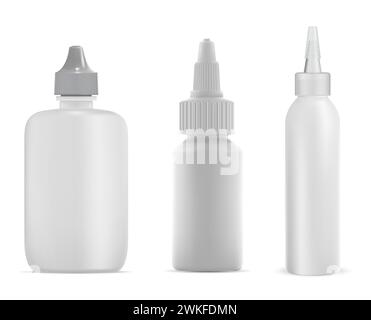 Glue product plastic bottle, silicone container mockup, vector clipart. Adhesive superglue nozzle bottle, realistic isolated pack design. Liquid pva c Stock Vector