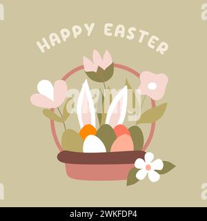 Vector Flat Easter Greeting Card with Lettering. Eggs in Basket with Flowers and Rabbit Ears. Isolated Cartoon Holiday Illustration For Poster, Postca Stock Vector