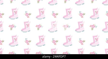 Rose Rain boots Seamless Pattern. Pink Rubber boots and Flowers on White background. Spring Gumboots Loop Template for Greeting card, Banner, Packagin Stock Vector