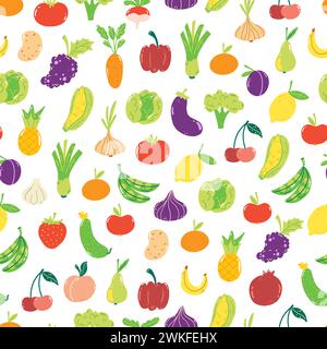 Hand drawn seamless pattern with cute fruits and veggies on white background. Colorful wallpaper for print, wrapping paper, textile. Stock Vector