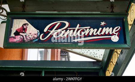 Old hand painted pantomime sign hanging outside the Theatre Royal and Opera House,Wakefield Stock Photo