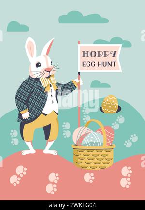 Hoppy Egg Hunt fancy Easter game vector poster. Basket, Easter eggs, rabbit footprints cartoon illustration. Bunny inviting children to egg hunt game. Stock Vector