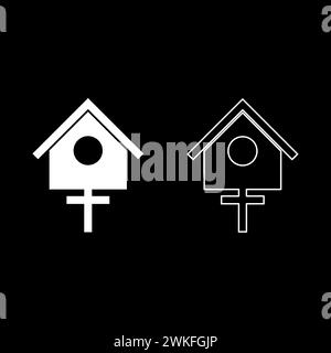 Bird box starling house birdhouse nesting set icon white color vector illustration image simple solid fill outline contour line thin flat style Stock Vector