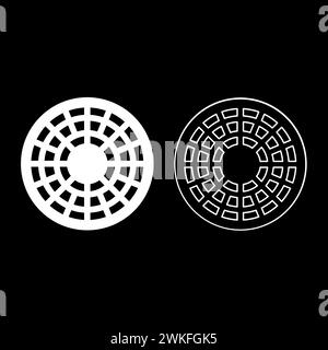 Sewer hatch manhole cover set icon white color vector illustration image simple solid fill outline contour line thin flat style Stock Vector