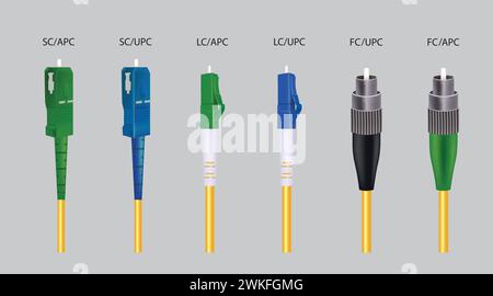 Fiber optic cables UPC and APC connectors, vector Stock Vector