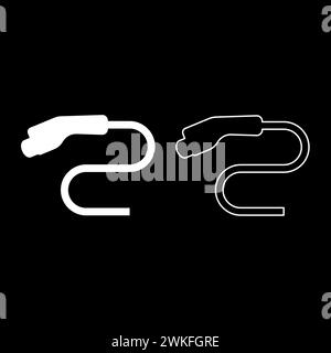 Electric car charger charging plug Ev set icon white color vector illustration image simple solid fill outline contour line thin flat style Stock Vector