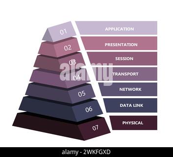 7 layer OSI network model presented in pyramid, vector Stock Vector