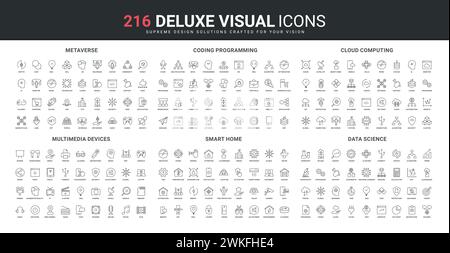 Coding, AI for science research and metaverse, cloud computing line icons set. Automation of temperature and monitor services, multimedia device for smart home thin black symbols vector illustration Stock Vector