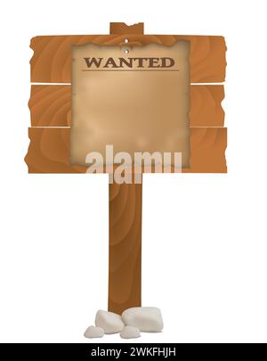 Wooden board with wanted sign on paper, vector Stock Vector
