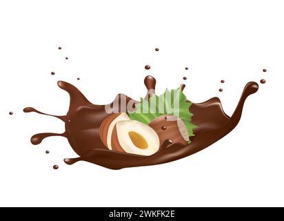Hazelnuts in chocolate splash, vector Stock Vector