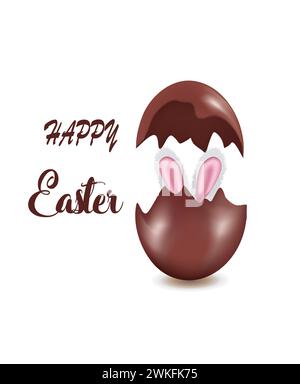 Happy Easter card with chocolate eggshell and bunny ears, vector Stock Vector