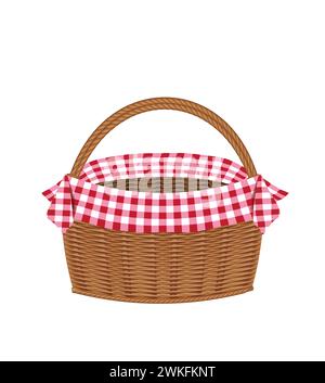 Empty wicker basket with red tablecloth, vector Stock Vector