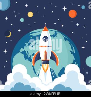 Rocket launch into space with Earth globe on background, flat vector illustration Stock Vector