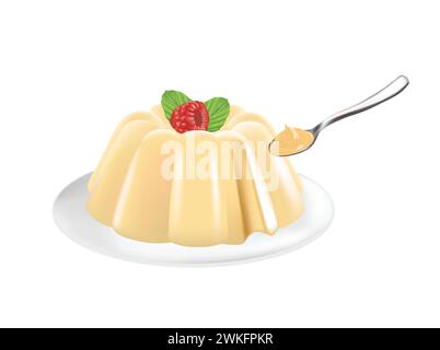 Vanilla pudding with raspberry in plate. vector Stock Vector