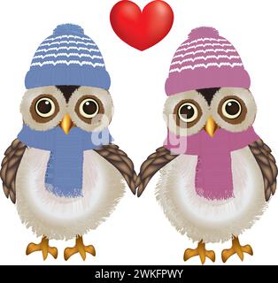 Couple of owls with scarf and hat holding hands, vector Stock Vector