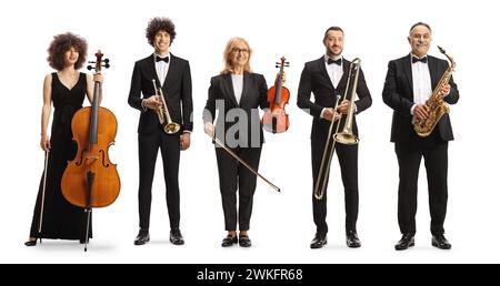 Gruop of male and female musicians with instruments, cello, violin, trumpet, sax and trombone isolated on white background Stock Photo