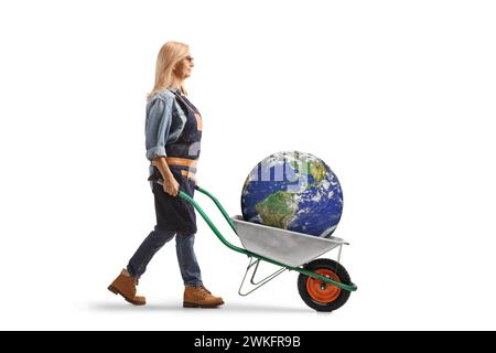 Gardener pushing a woman inside a wheelbarrow isolated on white ...