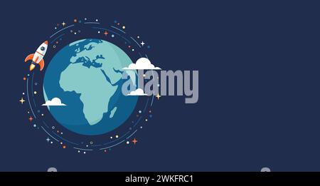 Rocket flying around Earth globe in space, copy space. Flat vector illustration Stock Vector