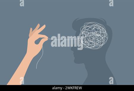 Hand untangling a tangle of thoughts in a man's head. The concept of psychological help and support. Flat vector illustration Stock Vector