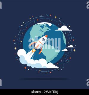 Rocket flying around Earth globe in space, flat vector illustration Stock Vector