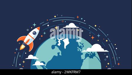 Rocket flying around Earth planet in space, flat vector illustration Stock Vector