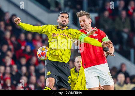 Eindhoven, Netherlands. 20th Feb, 2024. EINDHOVEN, 20-02-2024, Philips Stadium, UEFA Champions League season 2023/24, match between PSV and Borussia Dortmund, Borussia Dortmund player Emre Can and PSV player Luuk de Jong Credit: Pro Shots/Alamy Live News Stock Photo