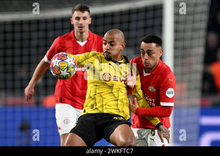 Eindhoven, Netherlands. 20th Feb, 2024. Soccer: Champions League, PSV Eindhoven - Borussia Dortmund, knockout round, round of 16, first leg, Philips Stadion. Dortmund's Donyell Malen (front) is attacked by Eindhoven's Sergino Dest (r). Credit: Federico Gambarini/dpa/Alamy Live News Stock Photo