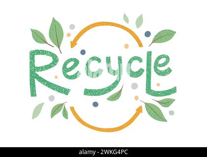 Modern eco sticker with recycle sign, arrows and leaves. Concept of ecology, zero waste and sustainability. Colored flat textured vector illustration Stock Vector