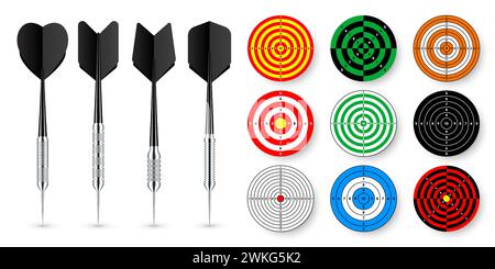Paper targets with dart arrows and shadows. Shooting range round target, divisions, marks and numbers. Gun shooting practise and training, sport Stock Vector
