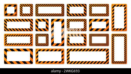 Various blank warning signs with diagonal lines. Orange attention, danger or caution sign, construction site signage. Realistic notice signboard Stock Vector