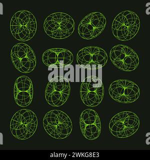 Wireframe shapes, lined torus. Perspective mesh, 3d grid. Low poly geometric elements. Retro futuristic design elements, y2k, vaporwave and synthwave Stock Vector