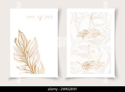 Set of cards minimal hand drawn branch elements in gold line art style. Botanical leaves frame template. Editable vector design card for advertising, Stock Vector