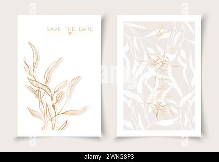 Set of cards minimal hand drawn branch elements in gold line art style. Botanical leaves frame template. Editable vector design card for advertising, Stock Vector